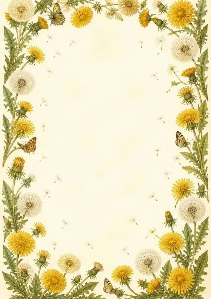 Cream background with yellow dandelions, butterflies, and a floral border around a blank center.