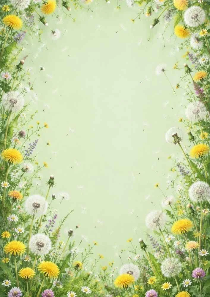 Green background with dandelions and wildflowers around a blank center.