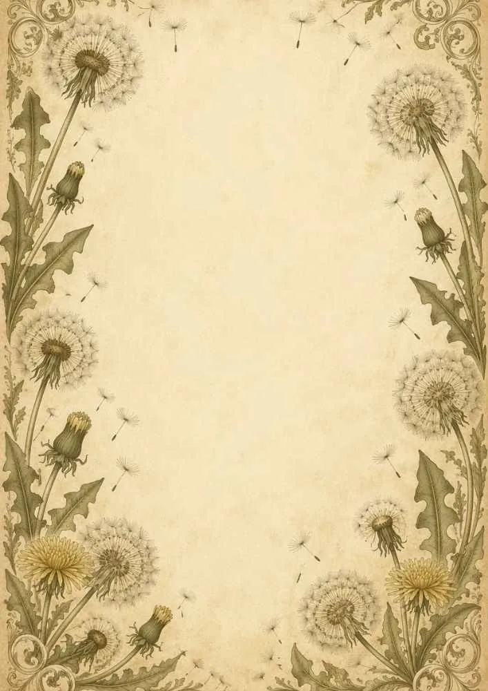 Vintage brown background with dandelions and decorative scroll corners around a blank center.