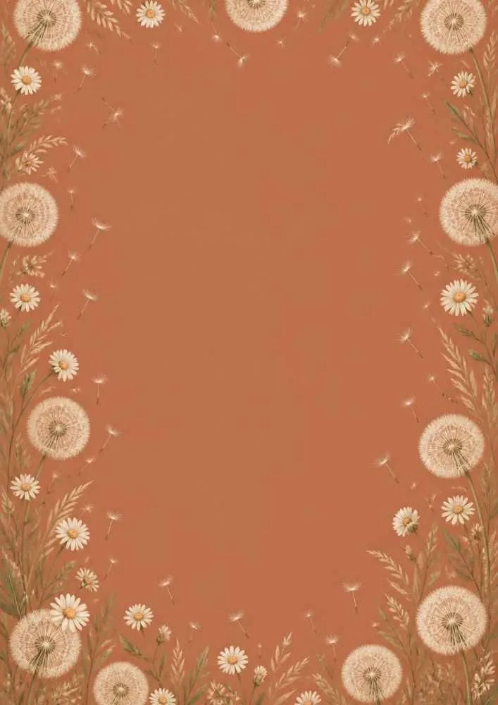 Brown background with white dandelions, daisies, and a floral border around a blank center.