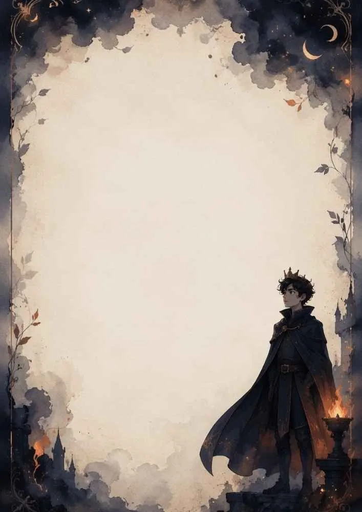 Dark prince near a castle with a moonlit fantasy border and large blank center.
