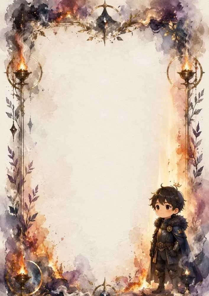 Young prince with firelit pillars and decorative fantasy border.