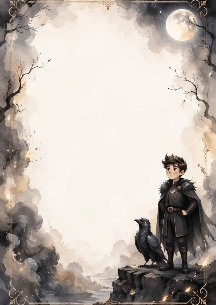 Young prince with raven, moon, mist, and blank center area.
