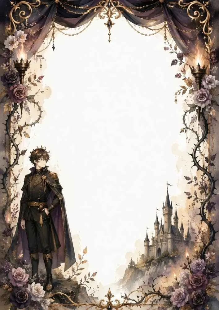 Prince, roses, castle, ornate frame, and large blank writing space.