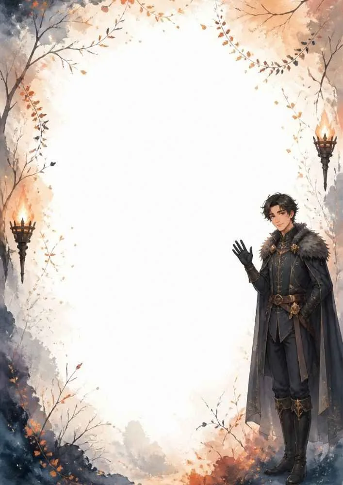 Waving prince, torches, branches, and blank center writing space.