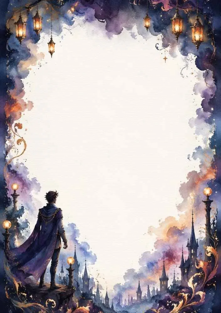 Prince overlooking castle towers with decorative fantasy border.