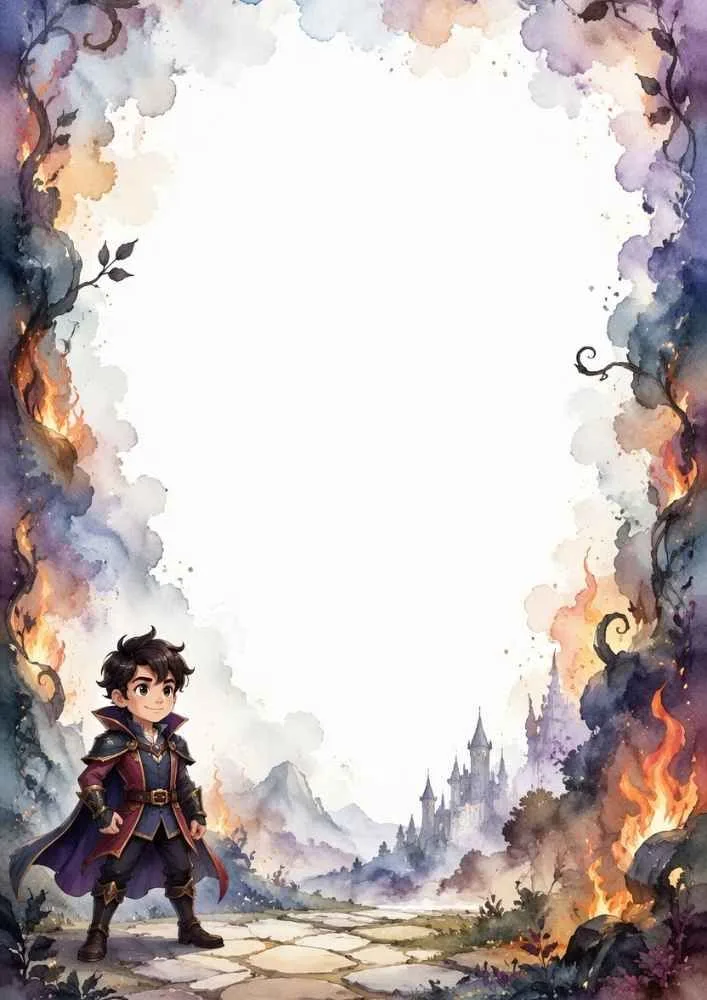 Young prince on a castle path with towers and blank center space.