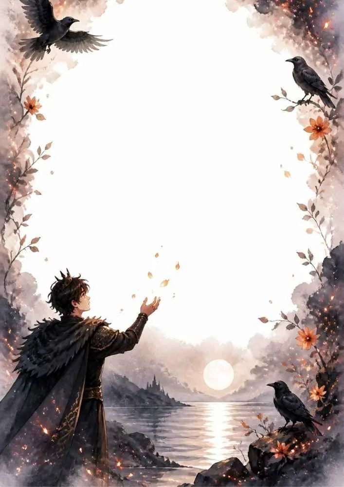 Prince by a lake with ravens, flowers, and open writing space.