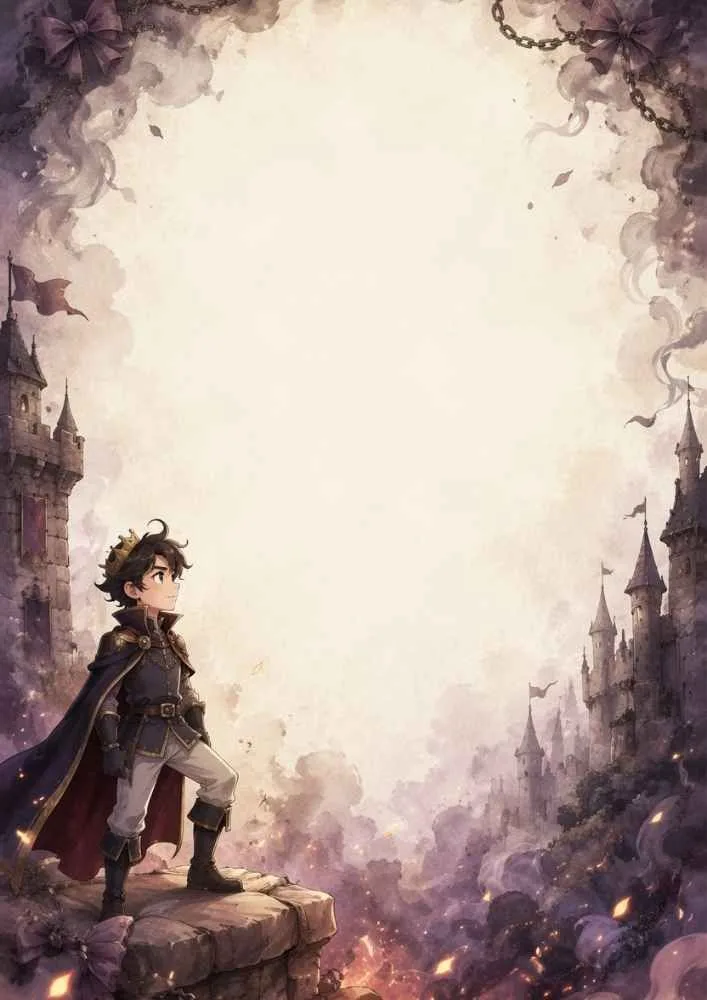 Young prince near castle towers with decorative border and blank center.