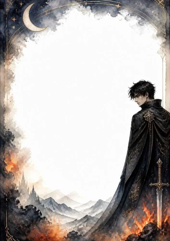 Cloaked prince, sword, mountains, castle, crescent moon, and blank writing space.