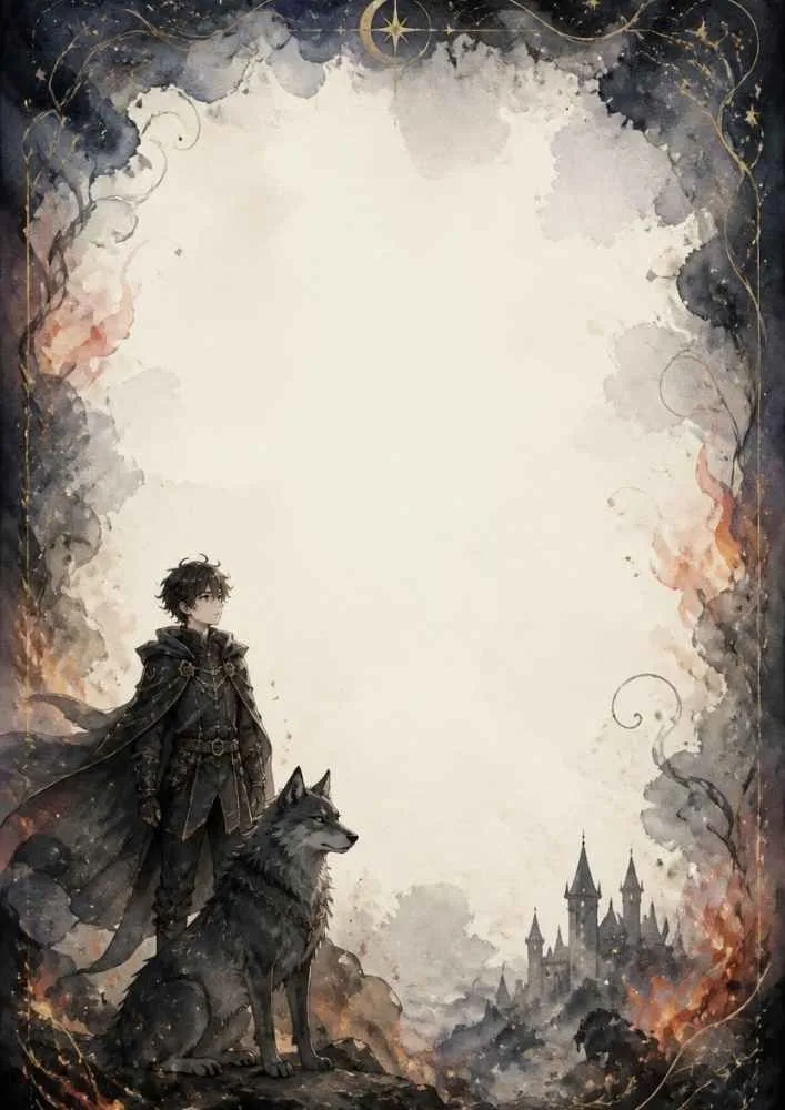 Dark prince with a wolf, castle towers, and decorative fantasy border.