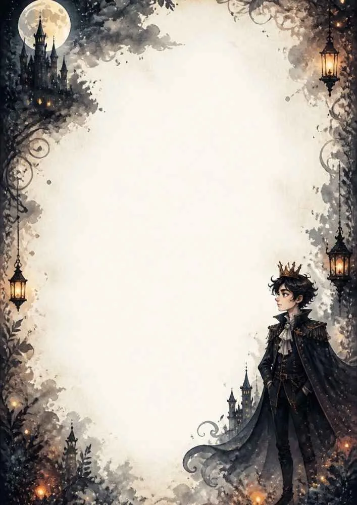 Prince with crown, lanterns, castle silhouettes, and open writing area.