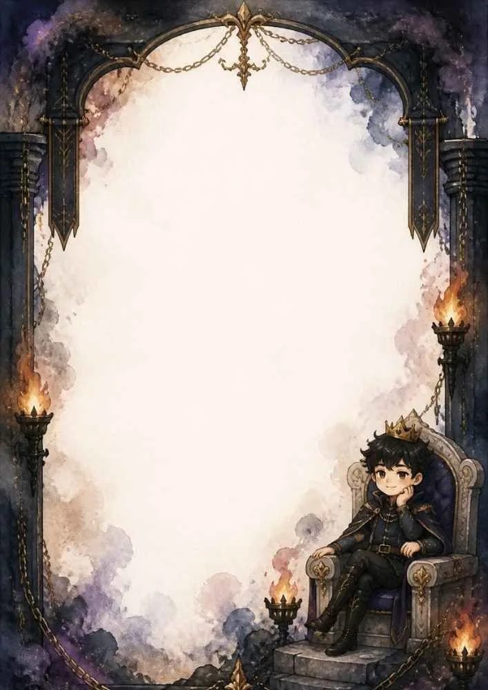 Young king on a throne with torches, arches, and blank center space.