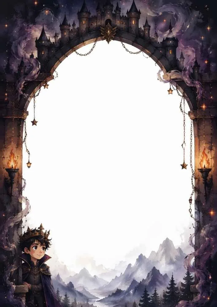 Young prince under a castle arch with mountains and open center area.