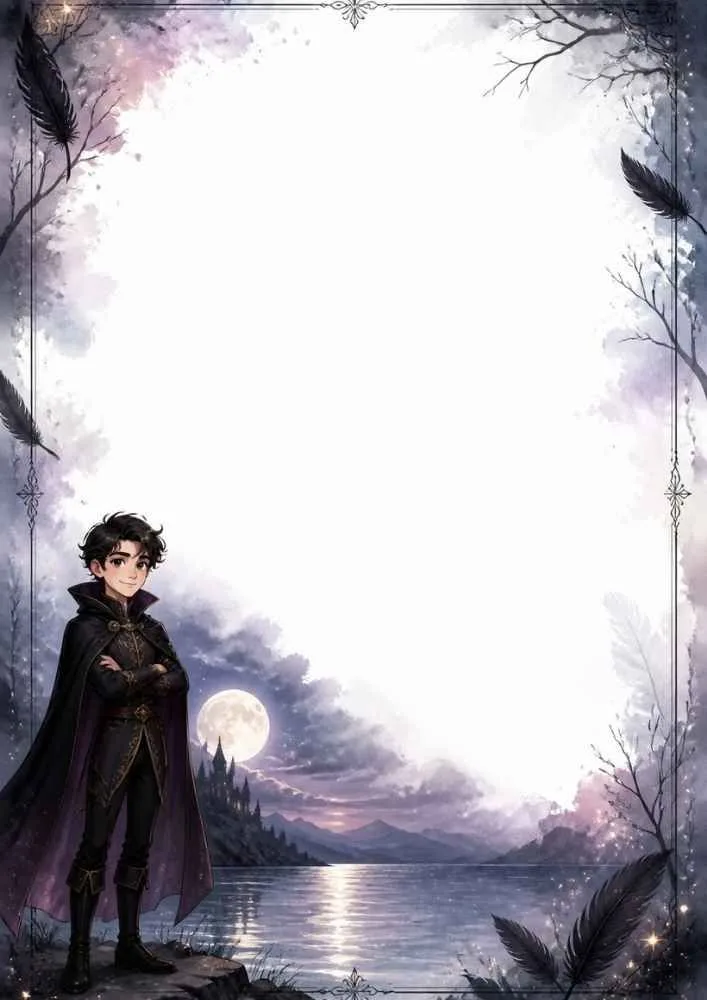 Prince by a moonlit lake with feathers and large blank center.