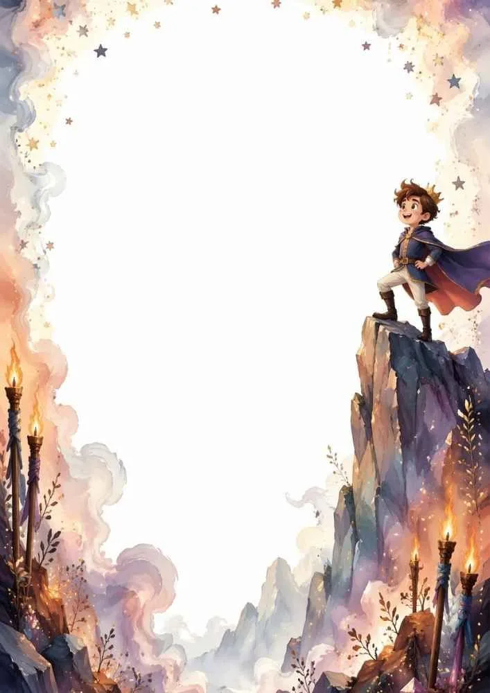 Young prince on a cliff with torches and large blank writing space.