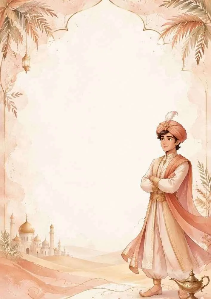 Desert prince beside a palace with palm leaves, golden sands, and a decorative border.
