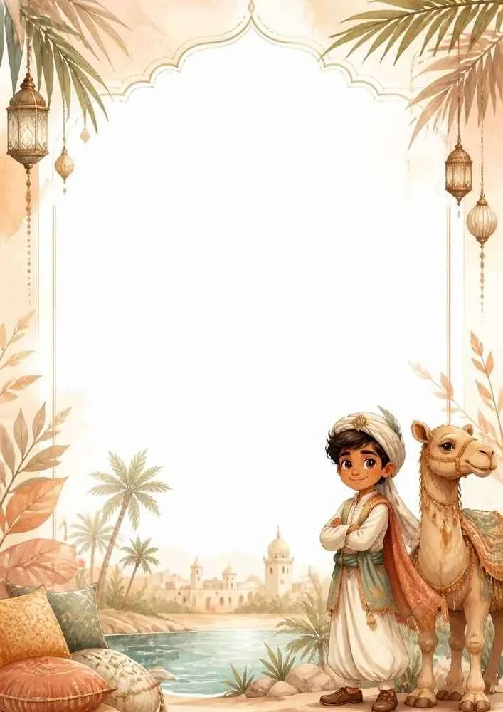 Prince and camel beside an oasis with palace and decorative border.