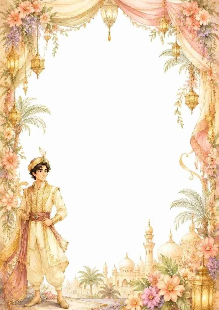 Prince with flowers, palace, lanterns, and blank writing area.