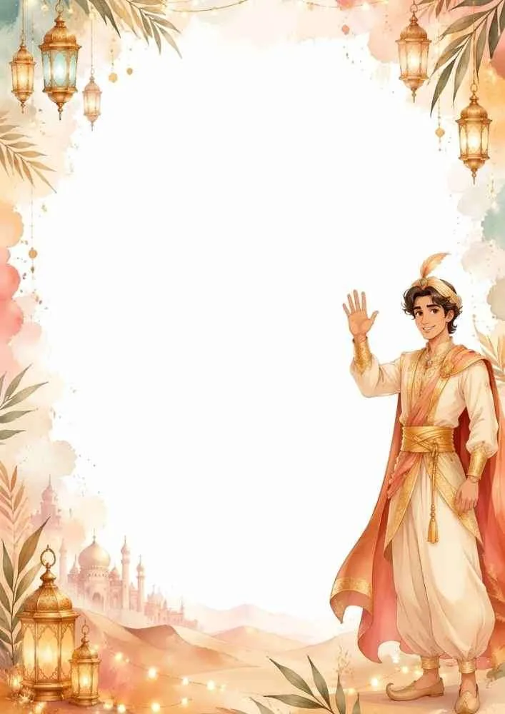 Waving prince with lanterns, palace, desert landscape, and writing space.