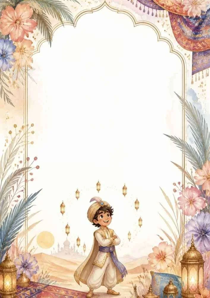 Prince in a lantern garden with flowers, arch border, and blank center.