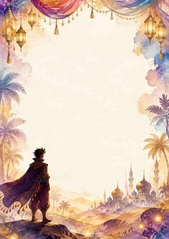 Prince overlooking a palace city with lanterns and desert landscape.