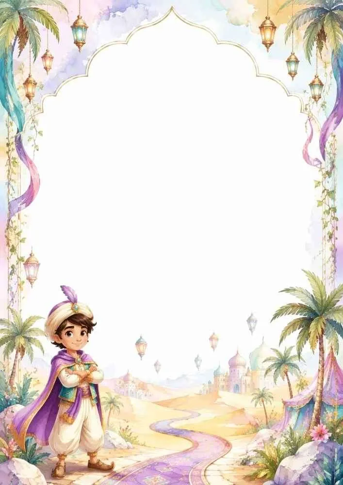 Prince near a winding path with palms, palace, and blank writing space.