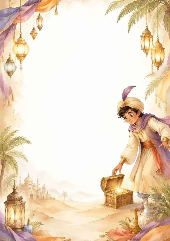 Prince opening a treasure chest with lanterns, palace, and desert setting.