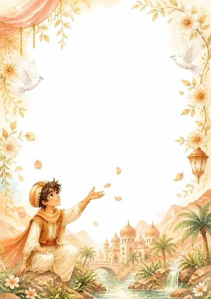 Prince reaching toward doves with stream, flowers, palace, and blank center.