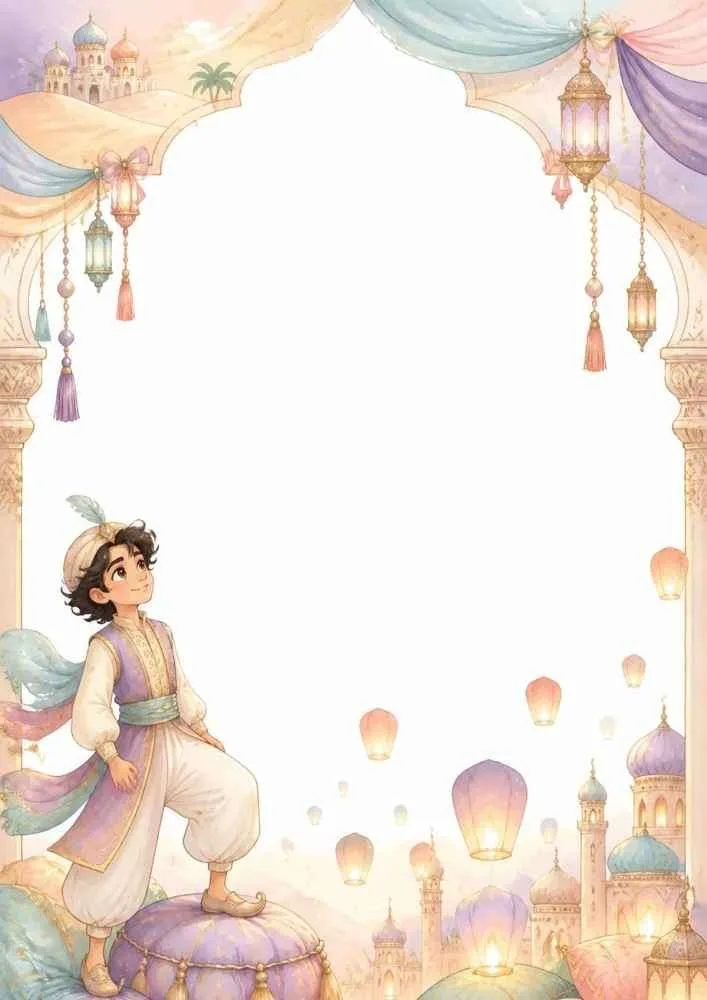 Prince beneath floating lanterns with palace skyline and large blank center.