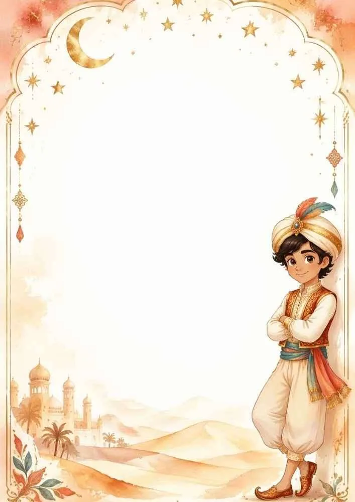 Prince under a moon and stars with desert palace, dunes, and decorative frame.