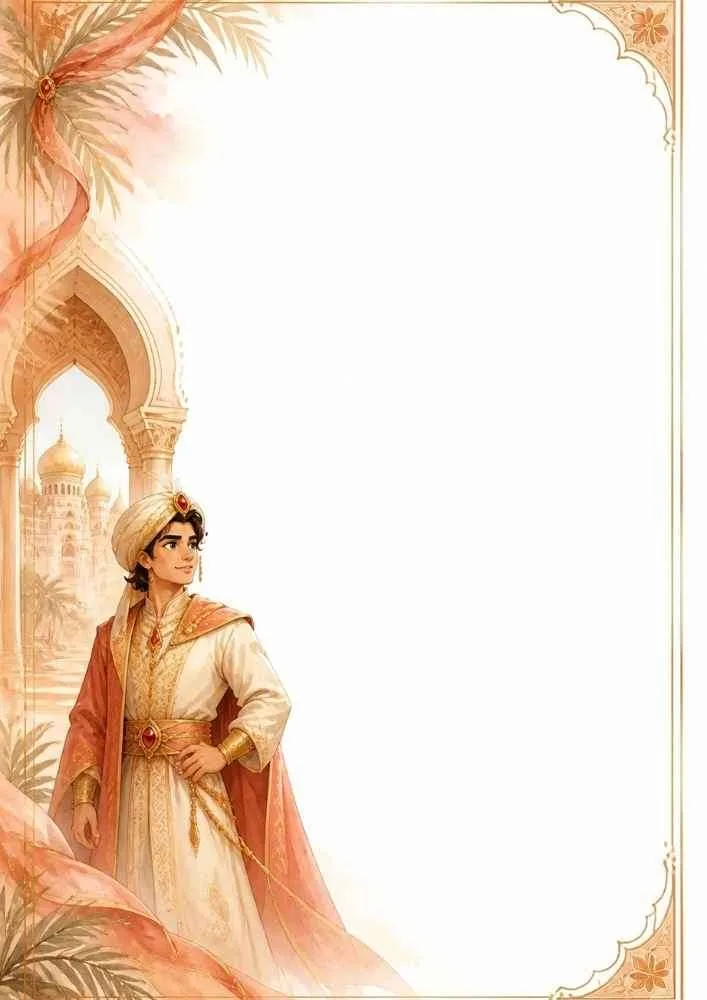 Desert prince near an archway with palace, soft desert colors, and writing space.