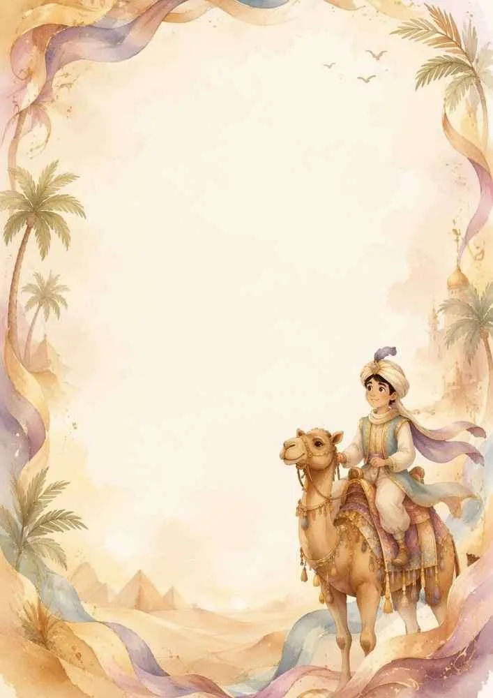 Prince riding a camel through a desert with palms, pyramids, and decorative border.