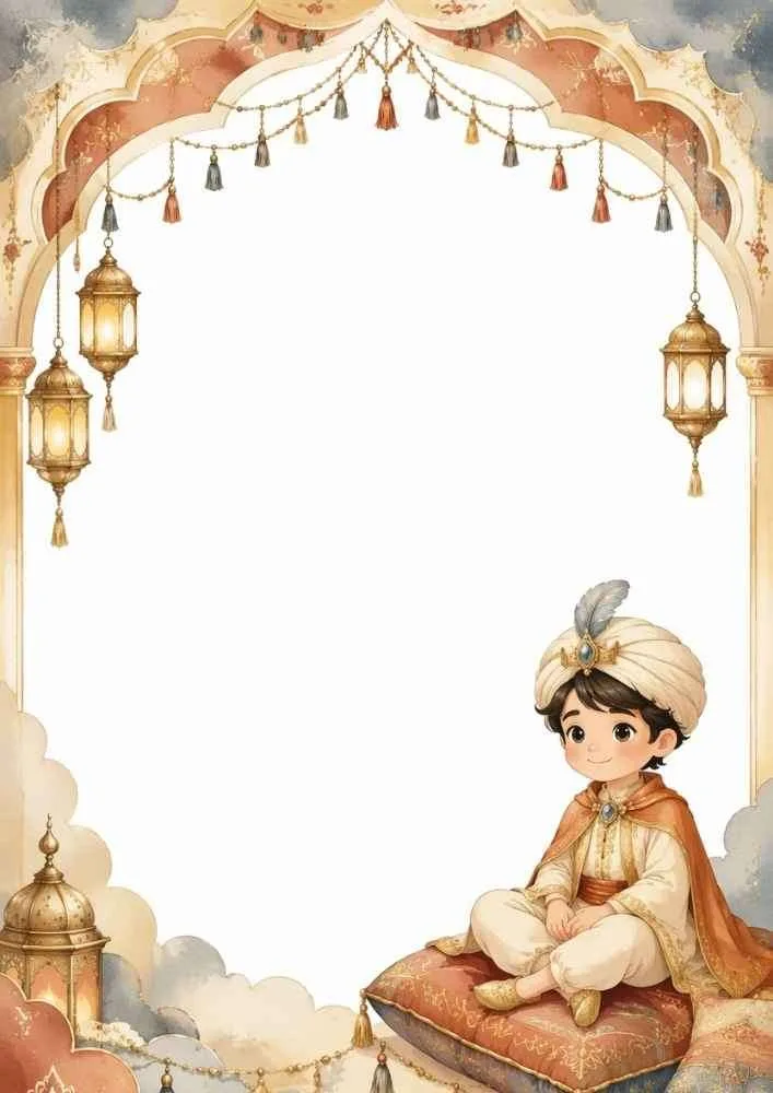 Seated desert prince with lanterns, clouds, archway, and blank writing area.