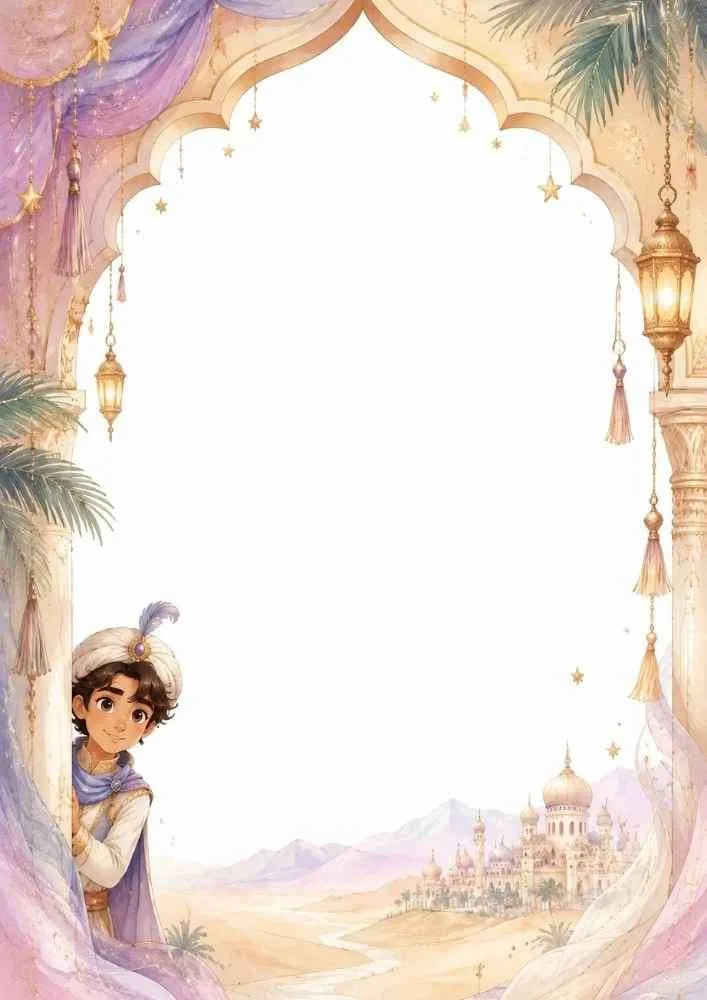 Prince peeking from curtain with palace, lanterns, and large blank center.