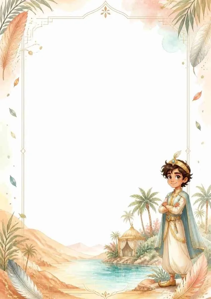 Prince near an oasis with palm trees, water, and desert landscape.