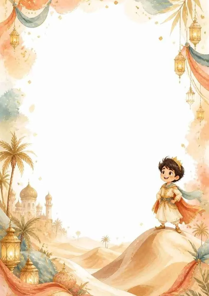 Prince on a desert hill with palaces, lanterns, and wide writing space.