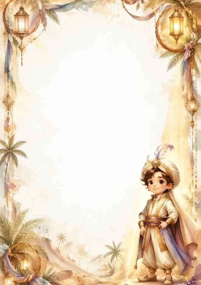 Prince with lanterns, palms, desert scenery, and large blank center.