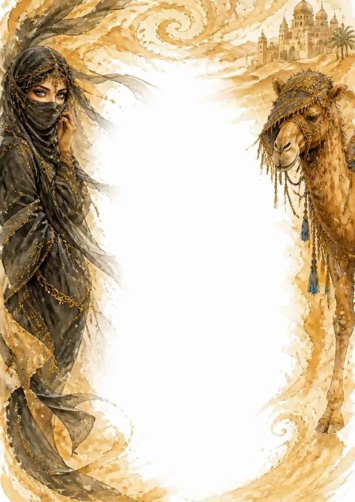 Desert princess and camel forming a decorative desert-themed border frame.