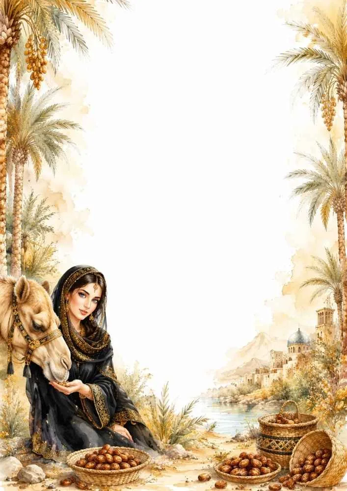 Princess feeding a camel near baskets of dates, palm trees, and an oasis.