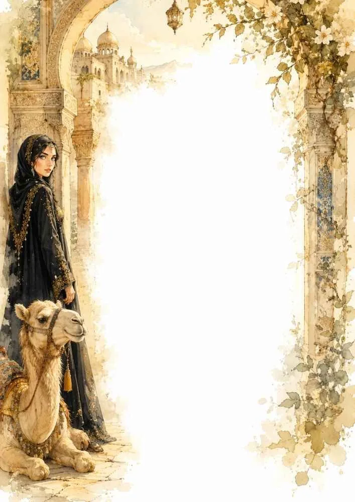 Princess and camel beneath a decorative palace arch with flowers and vines.