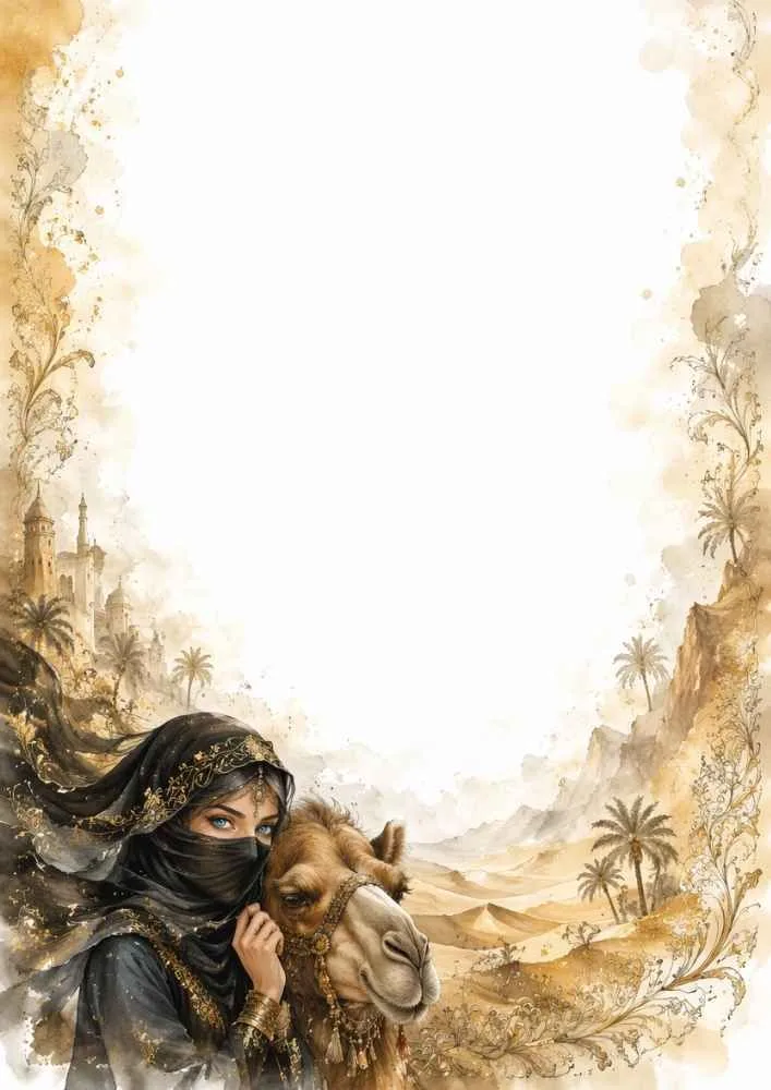 Veiled princess and camel in a desert valley with towers and palm trees.