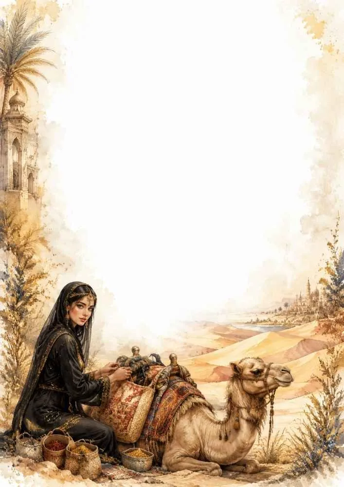 Princess beside a camel carrying baskets and goods in the desert.