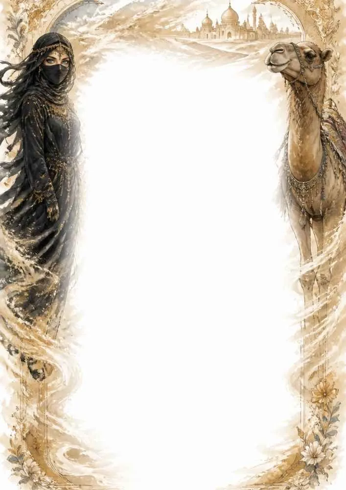 Veiled princess and camel creating a decorative border around an open center.