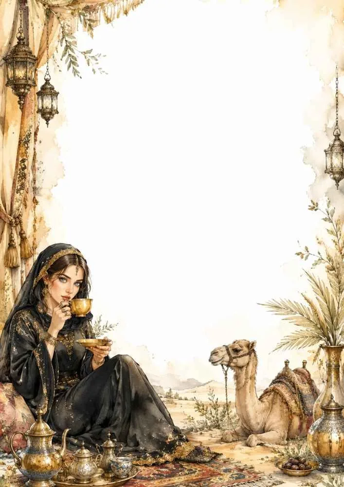 Princess drinking tea with a camel, lanterns, rugs, and desert decorations.