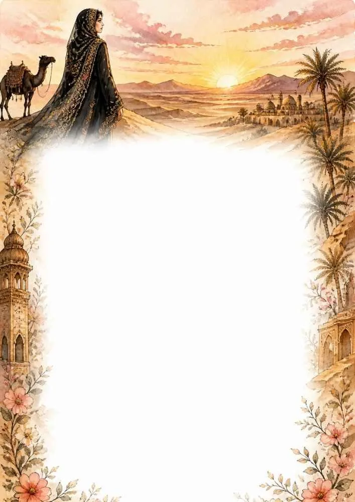 Princess looking at a desert sunset with palaces and palm trees.