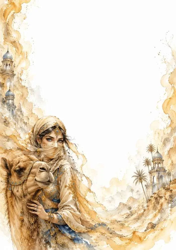 Princess embracing a camel with desert towers and decorative swirls.