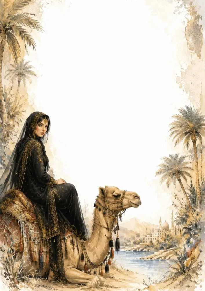 Princess sitting beside a camel near palm trees, water, and a desert oasis border.