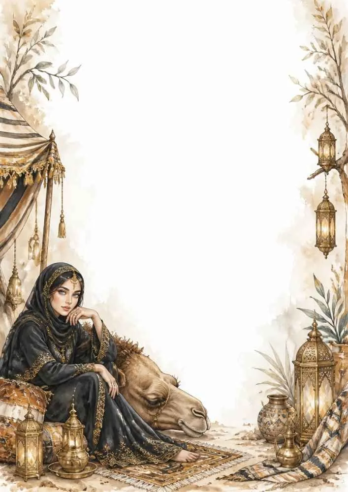 Princess seated near a camel with lanterns, rugs, and desert camp decorations.