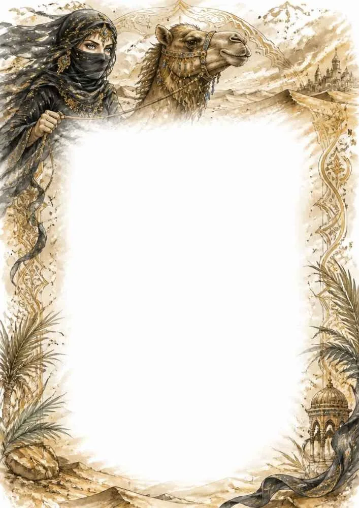 Veiled princess and camel walking through dunes with decorative desert border.